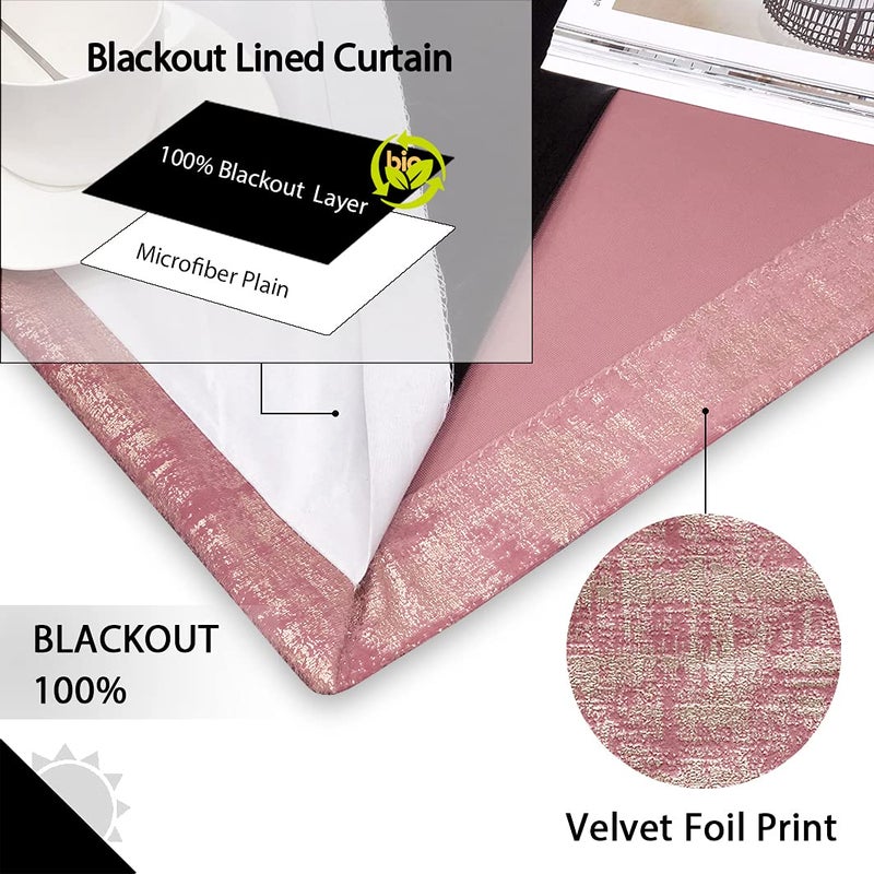 always4u 100% Blackout Soft Velvet Curtains for Bedroom Living Room Thermal Energy Saving 95 Inches Long Luxury Gold Foil Print Drapes 2 Panels Wild Rose - Image 2